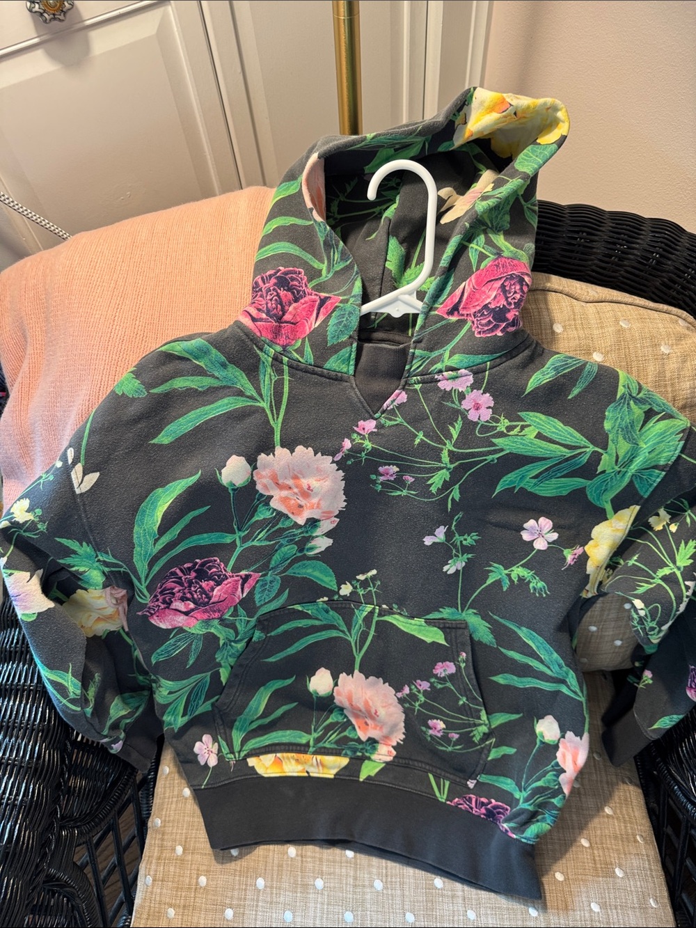 GAP Teen Black Hoodie with Pink and Green Floral Print